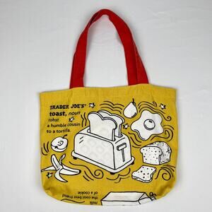 Trader Joe’s Toast Waffle Humor Canvas Tote Bag Yellow Red Handles Made in USA